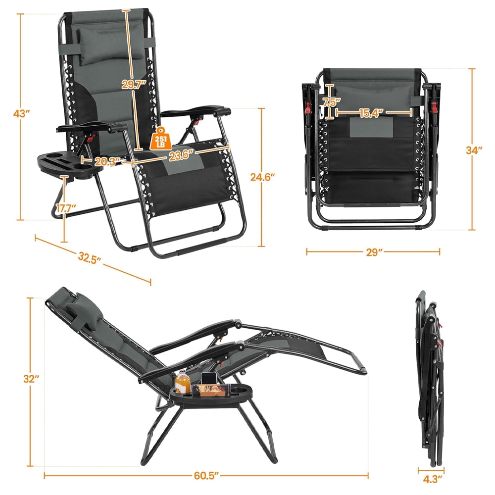 29in Full Padded Zero Gravity Chair Oversized Outdoor Patio Folding Lounger, Adjustable Portable Zero Gravity Recliner with Side Cup Tray, Pillow with Carry Strap for Beach, Pool, Gray/Black