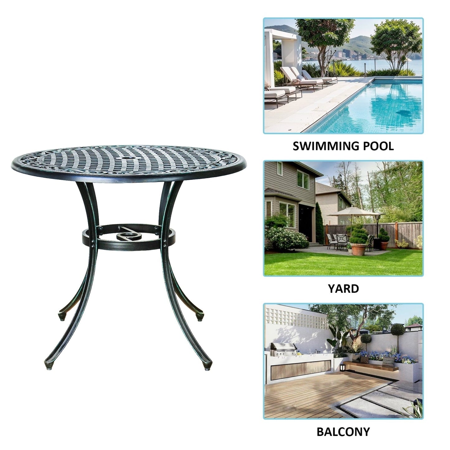 36" Diameter Outdoor Round Patio Bistro Dining Table Cast Aluminum Conversation Table with 2.0" Umbrella Hole for Garden, Yard, Vintage Green