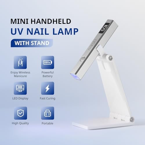 AIRSEE Cordless Nail Lamp with Stand, Handheld UV Light with LCD Display for Gel Nails,Rechargeable USB Nail Dryer for Fast Cure,Rhinestone Glue Decoration,Gel Nail Strips at Home,Travel(Sliver)