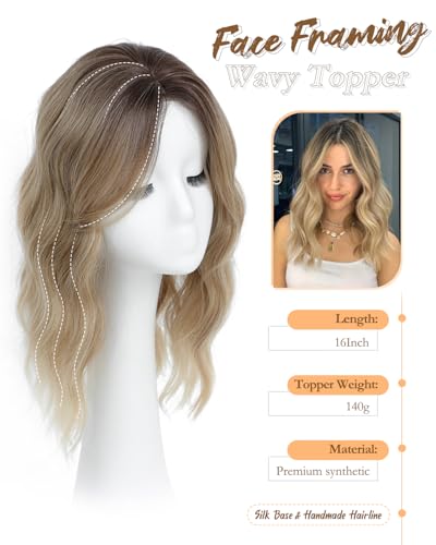 PANEWAY Hair Topper 16Inch Hair Toppers For Women Wavy Curly Brown Blonde with Dark Root Clip In Hair Topper Add Hair Volume Synthetic Wiglets Hair Pieces For Women