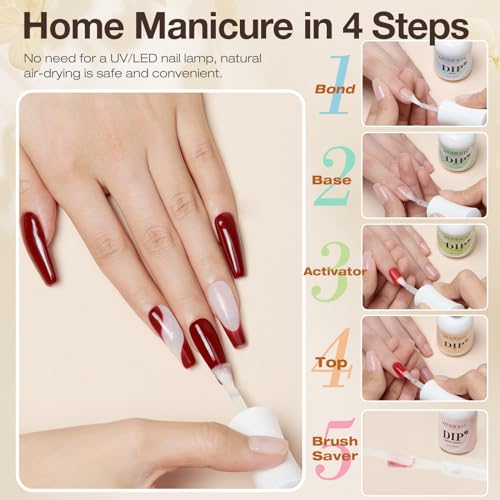 AZUREBEAUTY 5 Pcs Dip Powder Liquid Set - 15ml/0.5oz Large Capacity Dip Base Coat, Top Coat, Bond, Activator, Brush Saver for Dip Nail Kit Salon Home No Nail Lamp Needed