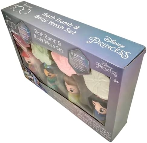 Disney Princess Bath Bomb & Body Wash Set, 8-Piece Set with 4 Scented Body Wash & 4 Bath Bombs, 4 Surprise Charms & 4 Collectible Character Bottles! Make Bath Time Fun! Ages 3+