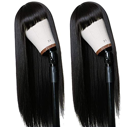 Long Straight Remy Hair Wigs Natural Black Heat Resistant Fiber Hair Full Machine Wig with Bangs Cosplay Party Wig For Fashion Women (24 Inch)