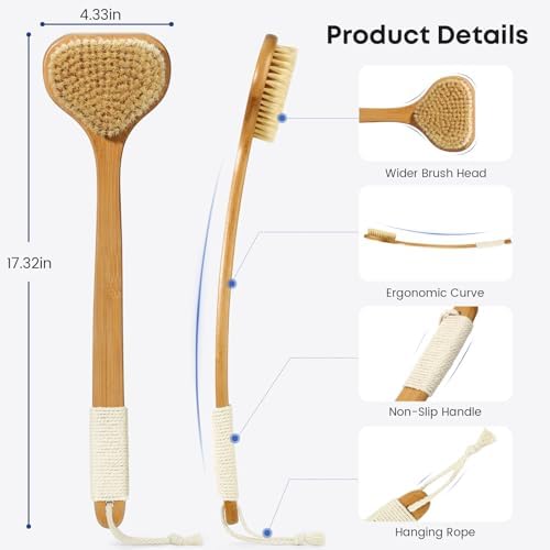 Bamboo Back Scrubber with Curved Long Handle, 17.3 Inches Exfoliating Shower Brush with Stiff Bristles for Men and Women, Back Washer Body Exfoliator for Bath or Dry Brushing