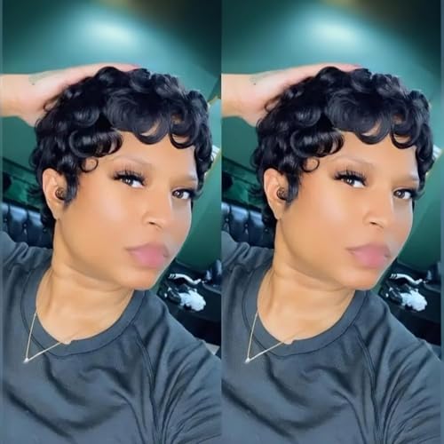 Pixie Cut Wigs for Black Women Pixie Cut Wig Human Hair Short Layered Wigs Full Machine Made Short Haircut Wig Glueless with Bangs Natural Color 1B