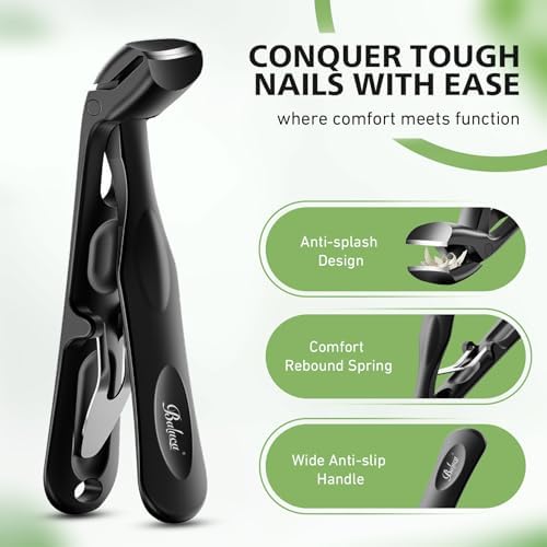 BALUCA Pro Angled Head Heavy Duty Toe Nail Clippers for Seniors & Thick Nails – Long Handle Toenail Clipper with Catcher for Arthritic Hands & Tough Toenails, Black