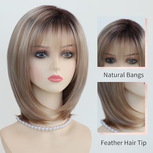 RENERSHOW Layered Blonde Bob Wigs for White Women with Bangs Straight Short Hair Wig Synthetic Ombre Blonde Highlight Bobo Haircuts Natural Daily Party Wig