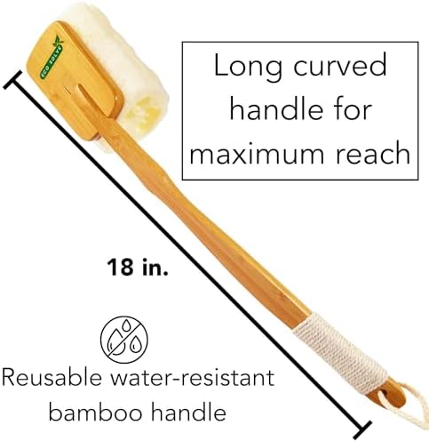Natural Loofah Shower Scrubber w/Removable Bamboo Handle, Gentle Exfoliation, Long-Ergonomic Handle w/Hemp Rope Grip, Extra Loofah Included for Close Washing, Plastic-Free, Eco-Friendly