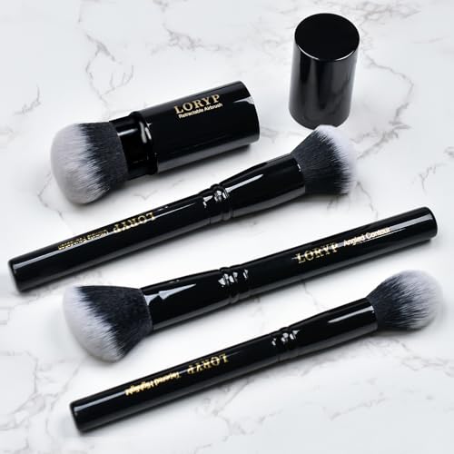 LORYP 4 Pcs Full Face Professional Makeup Brushes Set with Retractable Kabuki Airbrush For Powder,Liquid,Cream,Angled Blush Brush, Foundation Brush, Tapered Highlight Brush