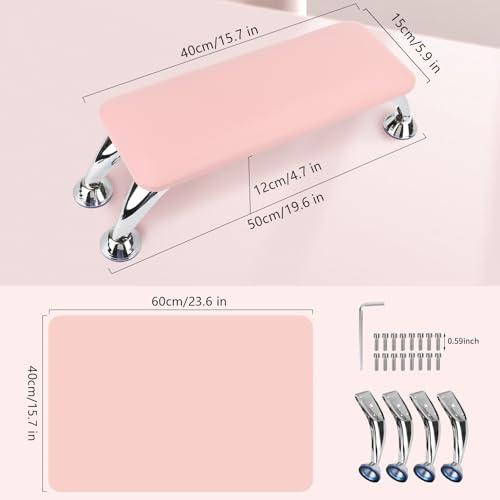 Nail Arm Rest for Acrylic Nails with Nail Table Mat, Microfiber Leather Nail Hand Rest Cushion for Nails, Soft Hand Pillow Footstool with Foldable Nail Art Hand Rest Pad for Nail Tech Use (Pink)
