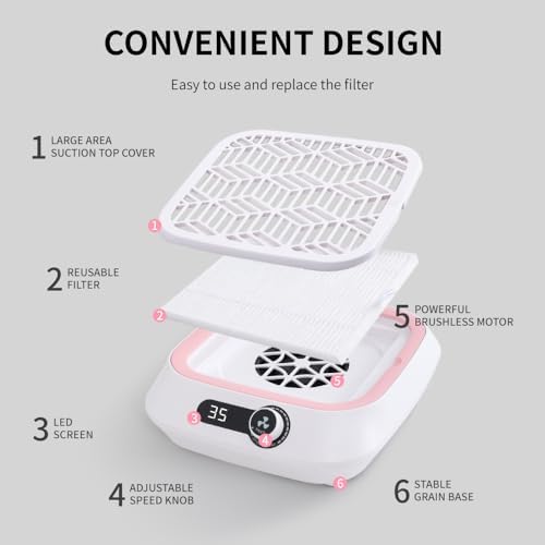 Nail Dust Collector, Powerful Vacuum Fan and Nail Dust Collector Quiet, Professional Salons&Home Use Dust Collector Nail Tech with Reusable Filter and 30pcs Nonwoven Filter and 1pcs Dusting Brush Pink