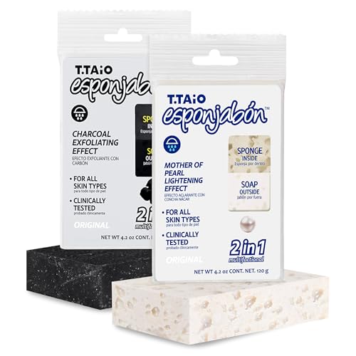 T.Taio Esponjabon Mother of Pearl and Charcoal Soap Sponges — Shower Scrubbers That Remove Oil and Dirt — Sponges to Scrub Foot, Elbow and Face — Bathroom Accessories — Fresh Scent (2-Pack)