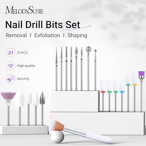 MelodySusie 21pcs Nail Drill Bit Set with Portable Holder Case, 3/32'' Ceramic Diamond Carbide Acrylic Gel Nail Art Tool Kit, Cuticle Remover Bit for Acrylic Dip Powder, Manicure Pedicure, Salon Home