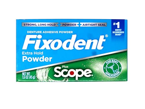 Fixodent Denture Adhesive Powder, Extra Strong, Plus Scope, Strong, Long Hold Powder, Airtight Seal, 1.6 OZ, Pack of 3