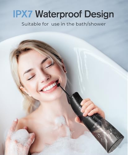 Demita Cordless Water Flosser for Teeth, 300ML 3 Modes 5 Jet Tips Portable Electric Flosser Pick for Adults, IPX7 Waterproof Oral Irrigator Cleaning Kit for, Gums, Braces Care(Black)