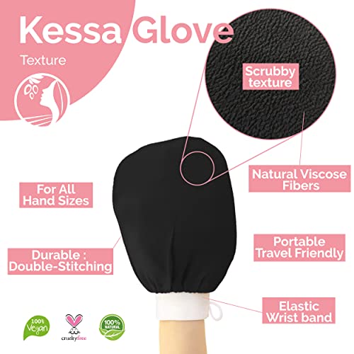 Fatima's Garden Exfoliating Kessa Gloves - Natural Spa Scrubbers, Black (3 Gloves)