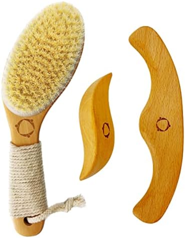Dry Brushing Body Brush for Lymphatic Drainage-Vegan Dry Brush with Contoured Non-Slip Handle +Wood Therapy Massage Tools. Maderoterapia Kit, Gua Sha, Anti-Cellulite, Body Sculpting, Sensitive Skin