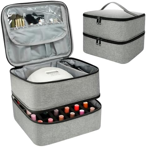 Nail Polish Organizer Bag, Double-Layer Nail Supplies Organizer Holds 30 Bottles & Nail Lamp, Professional Nail Kit Storage Carrying Case (Gray)