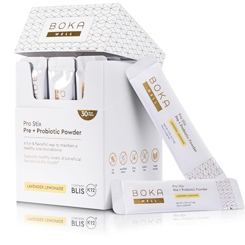 Boka Pro Stix Oral Probiotics for Mouth Bad Breath - 30ct Dental Probiotics Powder, Oral Health Pre + Probiotics for Teeth and Gums, BLIS K12 Oral Probiotic for Healthy Gum Health, Lemonade Lavender