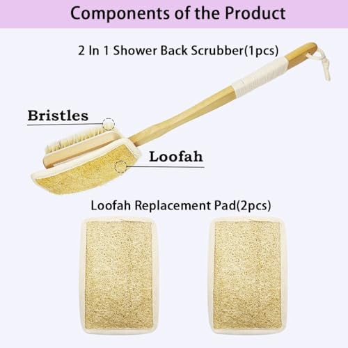 Shower Body Brush with Bristles and Loofah,Back Scrubber for Shower for Bath or Dry Brush,Back exfoliating Body Scrubber Shower Scrub Brush Long Handle for Women and Men