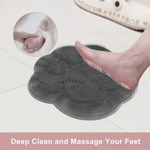 Shower Foot Scrubber Mat,Shower Foot and Back Scrubber with Suction Cups,Back Scrubber for Washer with Storage Hooks,Massager Cleaner Wash Brush(Gray)