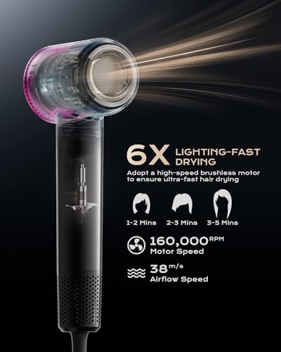 Hair Dryer, 160000 RPM High-Speed Brushless Motor for Fast Drying, 600 Millions Negative Ionic Blow Dryer with HD Display, Low Noise Thermo-Control Hair Dryer with Diffuser and Nozzle