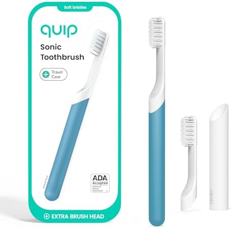Quip Plastic Sonic Toothbrush, Electric Toothbrush for Adults –Time Travel & Soft Bristles with Travel Case & Replaceable Brush Head -3-Month Battery Life - Marine Blue