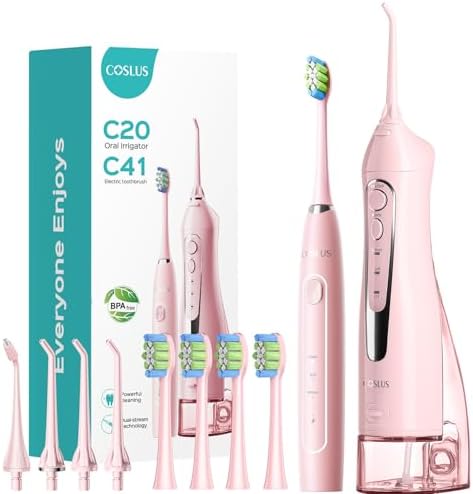 COSLUS Portable Water Flosser with Electric Toothbrush Combo: 2-in-1 Oral Clean Kit for Teeth, Braces, Gums Care - Brushing & Flossing for Adults, Family, Travel Use, BPA-Free, Black, C20 & C41