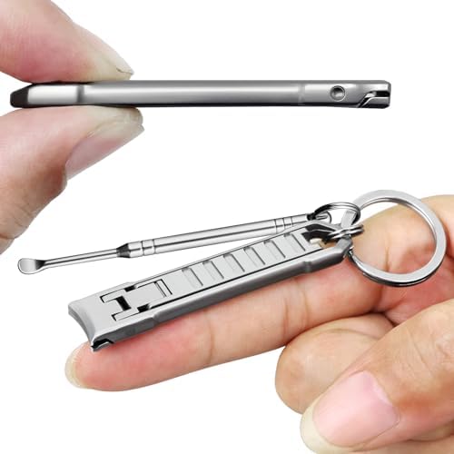 Portable Keychain Nail Clipper with Ear Pick, UItra Thin Nail Clippers for Men Medical Grade Stainless Steel Wide Jaw Folding Slim Sharp Fingernail Cutter for Travel