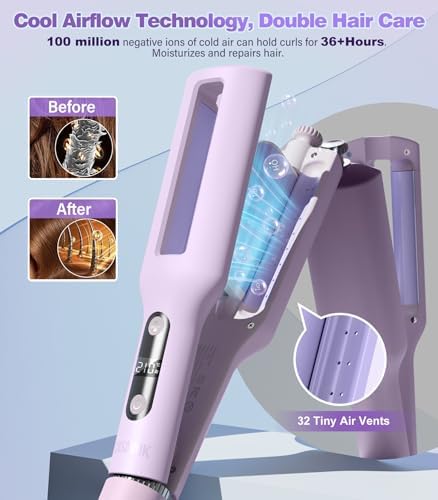 Hair Crimpers and Wavers with Cool Airflow Styling, Beach Waver Curling Iron with 4 Adjustable Curl, Anti-Scald Crimper Hair Tool for Women, 8s Smart Timer, Fast Heating, 100 Million Ions, LCD