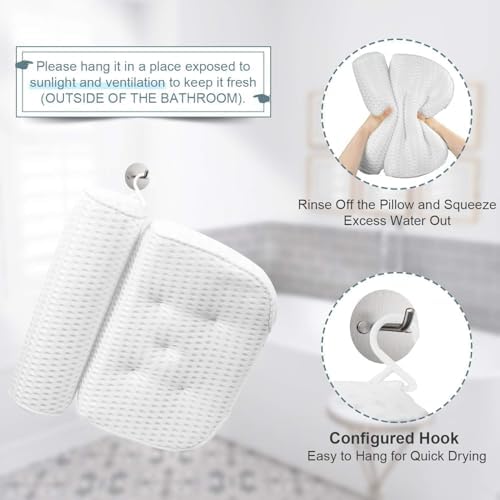 Bath Pillow Bathtub Pillow - Bath Pillows for Tub with Neck, Head, Shoulder and Back Support - 4D Air Mesh Spa Pillow for Bath - Extra Thick, Soft and Quick Dry