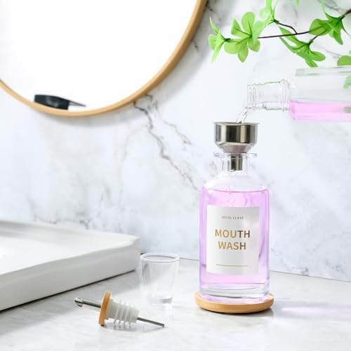 Glass Mouthwash Dispenser for Bathroom, 11.8oz Mouthwash Holder with Stianless Steel Spouts, Mouthwash Decanter with Bamboo Holder, Refillable Cups, Reusable Funnel, Golden Stickers