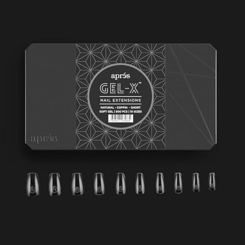 Aprés Nail Gel-X Natural Coffin Short Box of Tips & Extend Gel Bundle | Include 500 Tips & 15ml Extend Gel Gold Bottle | Premium Quality | 10 Sizes 0-9 | No size 00 included