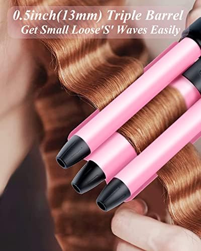 Mini Hair Crimper 1/2 Inch, Small 3 Barrel Curling Iron Hair Waver Dual Voltage for Home and Travel, Triple Ceramic Tiny Barrels Create Natural Tight Beachy Waves, Pink