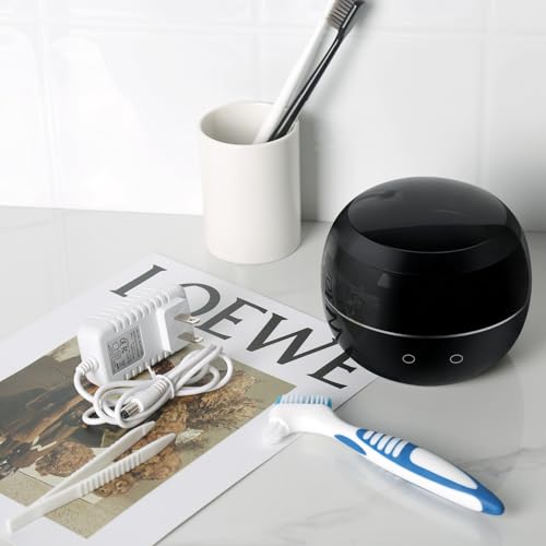 Dental Ultrasonic Retainer Cleaner Machine: 45kHz Dental Cleaning Pod for Denture, Aligner, Mouth Guard, Night Guard, Braces & Jewelry, UV Denture Cleaner with Digital Timer & Dual Mode 250ML Black