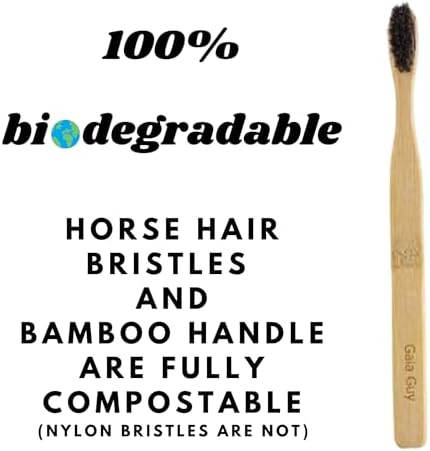Gaia Guy Soft Natural Bristle Bamboo Toothbrush (NO Nylon - Horsehair ONLY) - Totally Compostable & Biodegradable Soft Horse Hair Bristle and Bamboo Toothbrushes - Zero Waste - 6-Pack