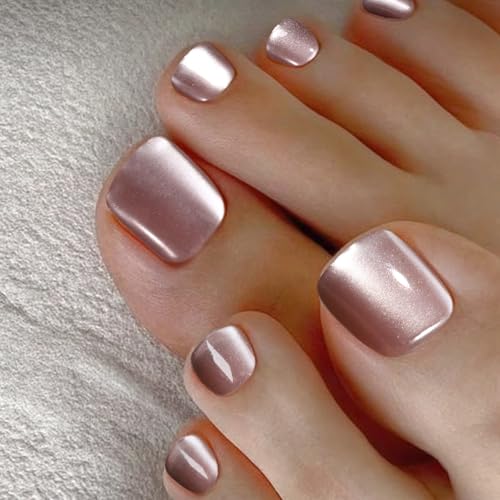 FANDAMEI Press On Toenails - 24 Colors Short Square, French Tips Cat Eye Toe Nail Press Ons for Women & Girls, Red Fake Toe Nails, Ombre Glossy Visual Effect