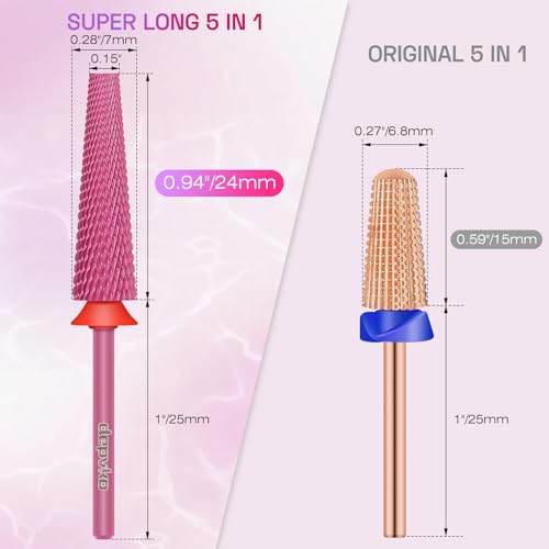 Depvko Super Long 5 in 1 Nail Drill Bits,Carbide Nail Drill Bit,3/32" Two Way Rotate Professional Drill Bit Nails,Nail Bits Fast Remove Acrylic or Hard Gel for Manicure,Pedicure,Nail Art (Fine-F, Red)