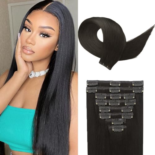 Clip in Hair Extensions Real Human Hair, 8pcs 16 Inch 10A Brazilian Virgin Remy Human Hair Clip in Extensions for Women Double Weft Invisible Seamless Human Hair Extensions Clip ins 65g Natural Black