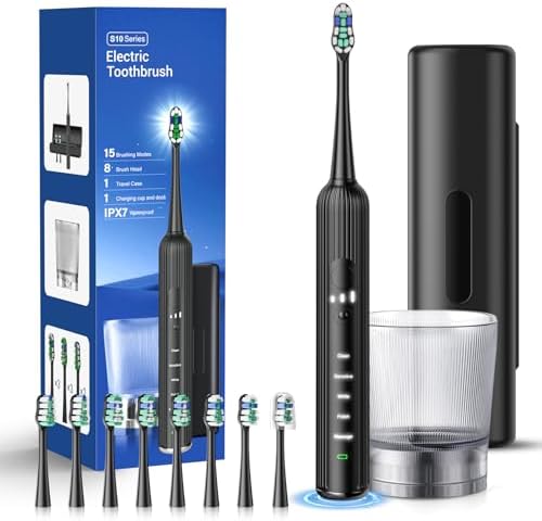 S10 Electric Toothbrush for Adults Kids, Ultra Whitening 47000 VPM Rechargeable Sonic Toothbrush with 5 Modes and 3 Intensity, Travel Tooth Brush with Case, 8 Brush Heads, Built-in Smart Timer