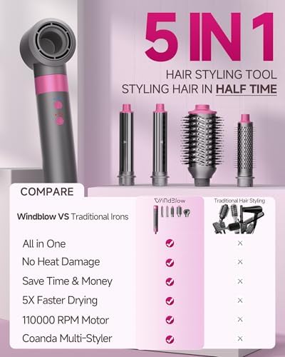 5 in 1 Hair Dryer Brush WindBlow Magic Styler, 110,000 RPM High-Speed Turbo Blow Dryer Brush, Professional 500 Million Negative Ionic Hair Dryer, Fast Drying for Curling Volumizing Air Styling
