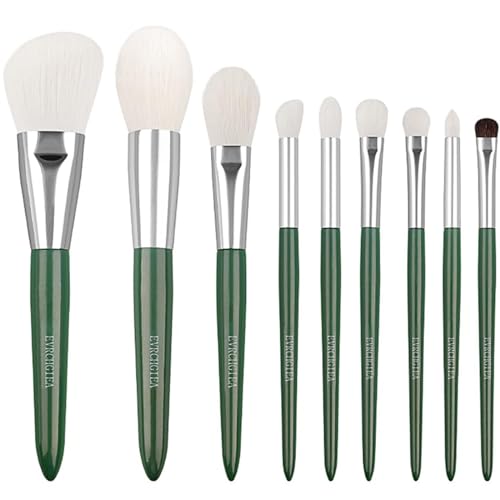 Natural Real Goat Hair Makeup Brushes Set Labeled 9 Piece Face and Eye Brush Set Ultra soft hair Foundation, Concealer, Blush, Contour, Blending, Eyeshadow Kabuki travel makeup brush set (green)