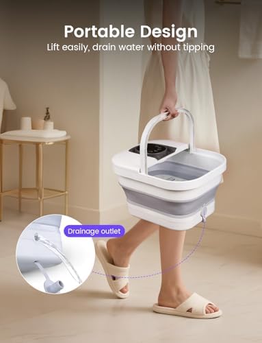 RIKE Collapsible Foot Spa with Heat, Bubbles, 24-Level Temp Control, Red Light, Timer, Foot Soaking Tub with 6 Shiatsu Rollers & Pumice Stone, Foot Bath Massager Pedicure FootSpa for Stress Relief