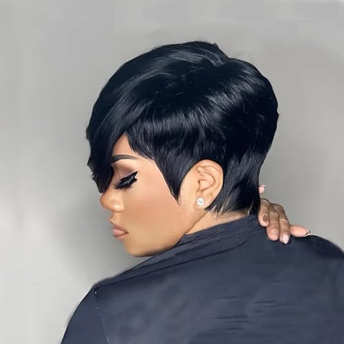 PangDongLai 10A Pixie Cut Wigs for Black Women Model Length Chic Elegent Short Layered Pixie Haircut Wigs With Bangs Brazilian Virgin Human Hair Natural Black 1b Color