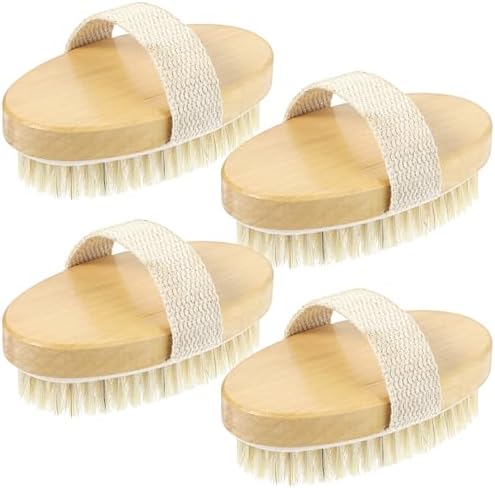 4pcs Dry Brushing Body Brush, Natural Bristle Dry Skin Exfoliating Brush Body Scrub for Flawless Skin, Cellulite Treatment, Lymphatic Drainage and Blood Circulation Improvement, White