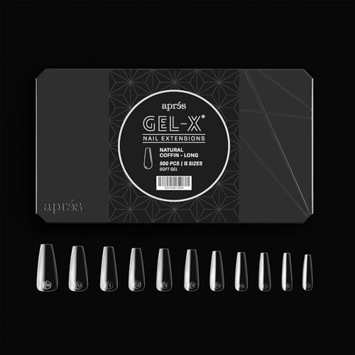 Aprés Gel-X® Natural Coffin Long Tip Box | 500pc Gel-X Tips, 11 Sizes 00-9, Premium Quality