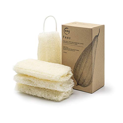 FAAY 4 Pcs Premium Natural Exfoliating Loofah Sponge: 6" Eco-friendly Unbleached Luffa Body Scrubber Rejuvenating Your Skin for Men and Women. Paraben Free Bath Sponge, Shower Loofah