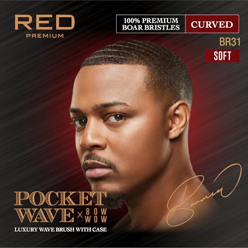 Red by Kiss Premium Pocket Wave Bow Wow Curved Palm Brush Soft, High Density Curved Bristles for Deep Natural 360 Waves, Pocket Size with Travel Cover for Coarse Hair & Wolfing Stage