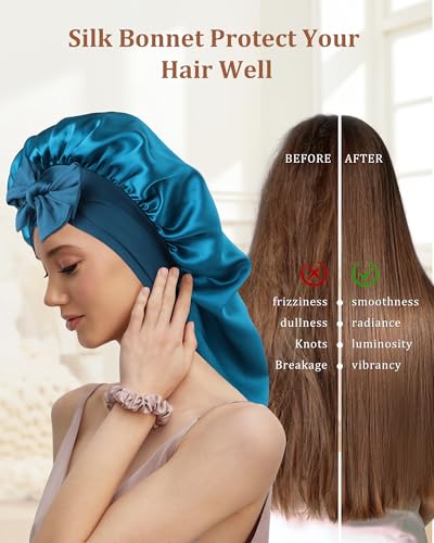 AWAYTR Long Silk Bonnet for Sleeping - 100% Mulberry Silk Bonnet for Women Long Hair Sleep Cap with Elastic Tie Band (Peacock Blue)