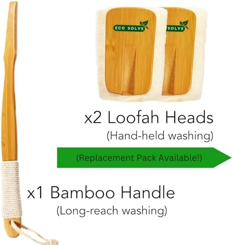 Natural Loofah Shower Scrubber w/Removable Bamboo Handle, Gentle Exfoliation, Long-Ergonomic Handle w/Hemp Rope Grip, Extra Loofah Included for Close Washing, Plastic-Free, Eco-Friendly